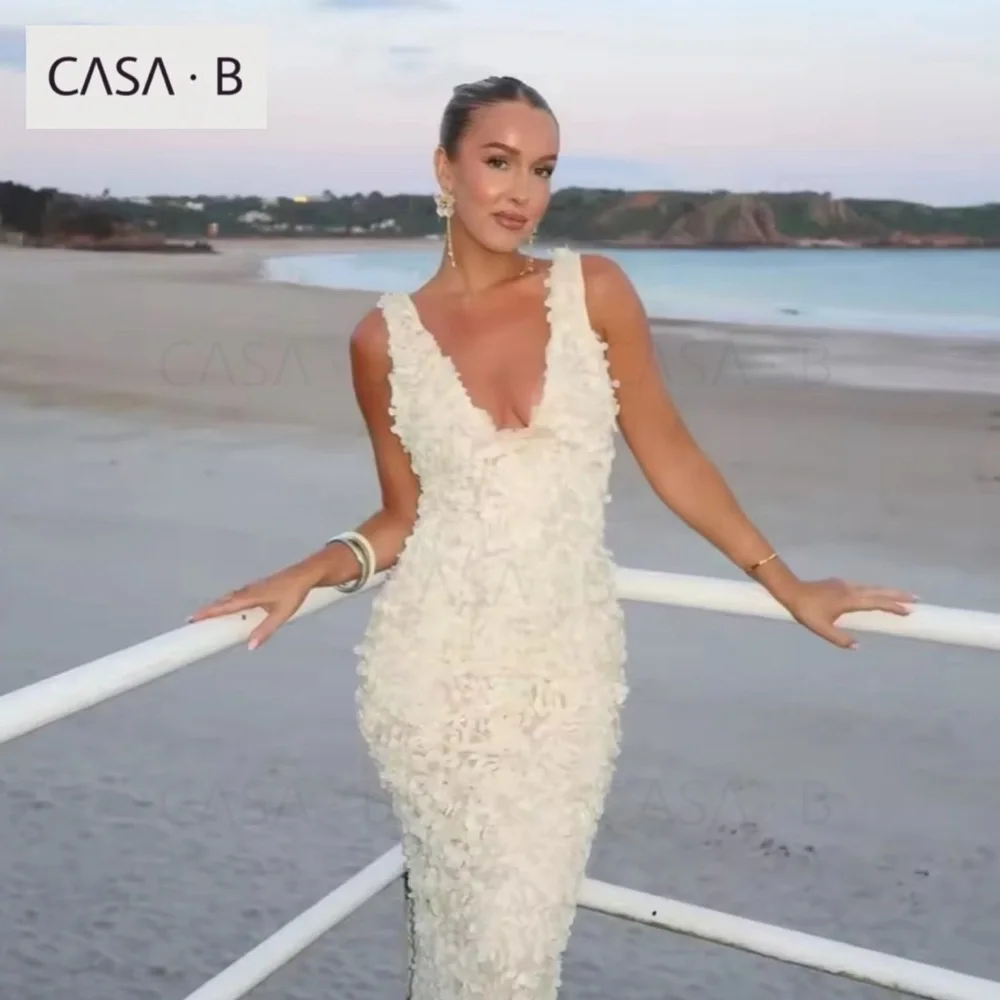 NEW💫CASA B |“Dreaming in Rose” 3D Floral Appliqué Ivory Plunge Neckline Dress - Picture 7 of 7